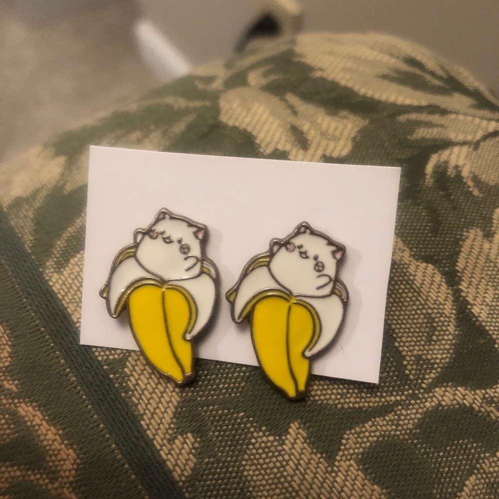 Super cute banana cat enamel silver stud earrings from Bananya anime